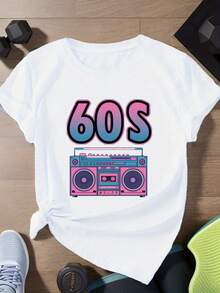 Camiseta casual de talla grande con temática de los años 60, de fibra de poliéster, con cuello redondo y estampado geométrico de altavoces, tela ligeramente elástica, adecuada para mujeres, cómoda para todas las estaciones. - Blanco - Ver 1