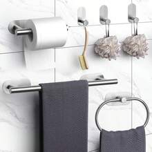 Bộ giá treo khăn và hộp đựng giấy vệ sinh tự dính không cần khoan, bộ phụ kiện phòng tắm bao gồm thanh treo khăn, hộp đựng giấy vệ sinh, vòng treo khăn và móc treo khăn, bộ giá treo khăn gắn tường bằng thép không gỉ, hộp đựng giấy vệ sinh dạng thanh đôi dọc được nâng cấp. - Xem 3
