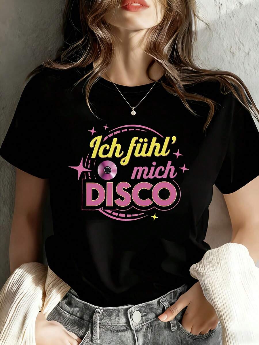 Camiseta 100% algodón para mujer, estampado alemán "Ich Fuhl Mich Disco" para festivales de música, estampado de letras estilo disco retro, camiseta negra de manga corta con cuello redondo para mujer, lavable a máquina, adecuada para fiestas de festivales, salidas informales, reuniones con amigos, ropa de festival, camiseta de regalo para festivales. - Negro - Ver 1