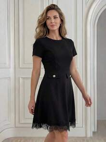 Vestido mini elegante y chic de mujer con unicolor, decoración de botones y encaje en la cintura, para el verano - Negro - Ver 3