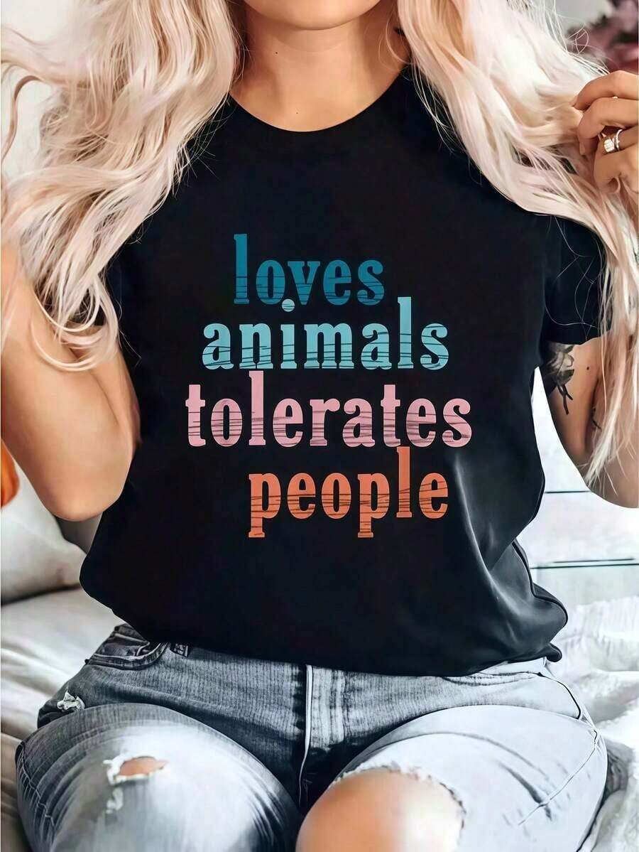 Ama A Los Animales, Tolera A Las Personas Camiseta Estampada Divertida Para Amantes De Los Animales, Con Estampado De Mamá De Perro Camiseta Casual De Cuello Redondo De Manga Corta, Cómoda Pa-Vintage Street Style Unisex Loose Cotton Short Sleeve Crew Neck T-Shirtblusas para mujer, playeras de mujer, blusas casuales para dama, - Negro - Ver 1
