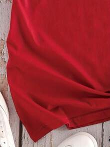 Camiseta de talla grande con estampado de mariposas y rosas, cuello redondo, manga corta, informal, para primavera y verano, ropa de talla grande para mujer. - Rojo - Ver 3