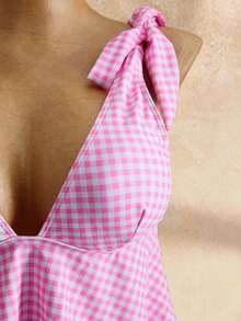 Mod Conjunto de traje de baño de 2 piezas para mujer con top corta de tirantes finos con estampado de cuadros y nudo delantero, y Bottom tipo bikini con cordón en la cintura, para verano - Rosa 2 - Ver 4