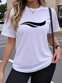 Soft 100% Cotton Women's Short-Sleeved T-Shirt, Single Pack, Creative Artistic Geometric Wing Design With A Fun And Popular Print, Elastic Top With Round Neck, Comfortable Outdoor Clothing In Spring And Summer, Y2K Style, Loose, Casual, Simple And Elegant, Breathable Cotton T-Shirt, Matches Everything. - 白色 - 查看 6