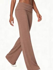 Women's Spring Summer Baggy Pants Foldover Waist Solid Color Loose Wide Leg Pants - Chocolate Color - View 2