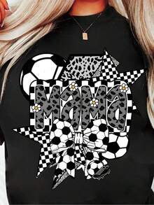 Soft And Comfortable Korean Style T-Shirt, Casual Wear, 1 Piece Black Short Sleeve Crew Neck T-Shirt With Soccer Check Design, 'MAMA' Print And Soccer Ball Decoration, Perfect For Casual Match Days And Daily Wear, Sports Jersey And Comfortable Outfit, 100% Breathable Cotton - 黑色 - 查看 1