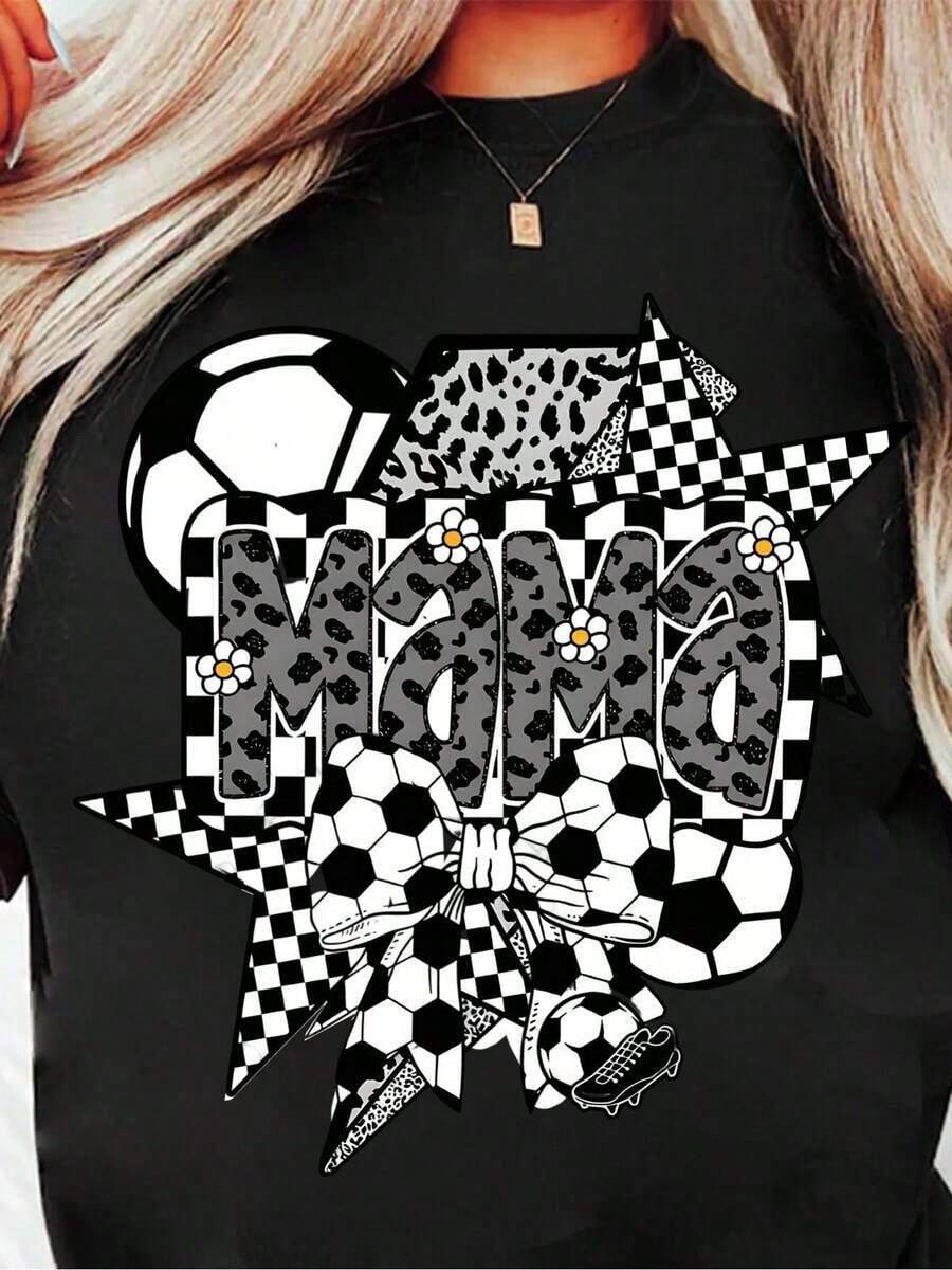Soft And Comfortable Korean Style T-Shirt, Casual Wear, 1 Piece Black Short Sleeve Crew Neck T-Shirt With Soccer Check Design, 'MAMA' Print And Soccer Ball Decoration, Perfect For Casual Match Days And Daily Wear, Sports Jersey And Comfortable Outfit, 100% Breathable Cotton - 黑色 - 查看 1