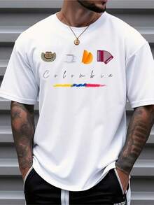 Camiseta de manga corta holgada para hombre - Camisa de verano ligera y transpirable con diseños de la bandera de Colombia y la cultura del café, perfecta para viajes, actividades al aire libre y uso diario. - Blanco - Ver 1