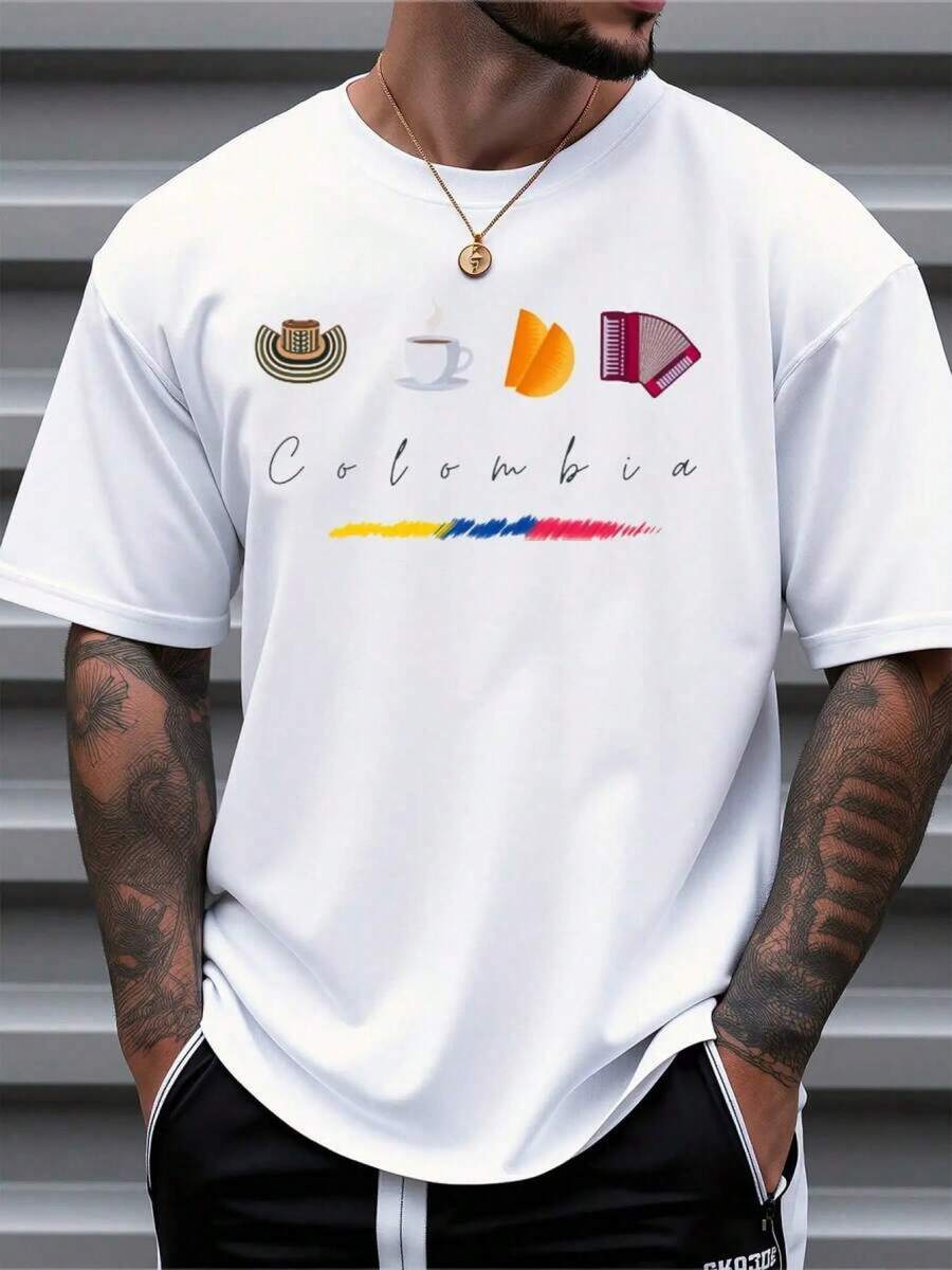 Camiseta de manga corta holgada para hombre - Camisa de verano ligera y transpirable con diseños de la bandera de Colombia y la cultura del café, perfecta para viajes, actividades al aire libre y uso diario. - Blanco - Ver 1