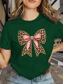 Camiseta de Mujer de Alta Calidad al por Mayor, Cómoda y Elegante, con Diseño de Lazo y Estampado de Leopardo, Estampado Único, Ideal para Conjuntos de Mejores Amigas, Estilo Holgado, Casual, Versátil, Cómoda y Amigable con la Piel, Cuello Redondo, Novedad 2026 - 100% Algodón Transpirable - Blanco - Ver 11