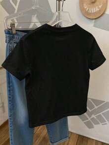 Women's Casual Round Neck T-Shirt, Sparkly Heart Print With Sequin Effect, Versatile And Modern Blouse, Slightly Stretchy Fabric, Ideal For Everyday Wear. - 黑色 2 - 查看 3