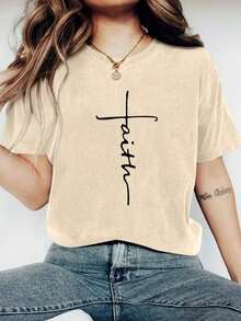 1 Pieza de Moda Casual para Hombres y Mujeres - Camiseta Holgada de Gran Tamaño con Estampado FAITH para Mujer - Tejido de Poliéster Casual con Cuello Redondo, Comodidad para Todas las Temporadas, Top Festivo para Vacaciones, 1 Pieza, versátil, fácil de combinar, uso diario, estilo urbano, ropa de vacaciones, ropa de fin de semana. - Albaricoque - Ver 6
