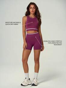 UONNOU Bộ đồ thể thao yoga/thể dục không đường may dành cho nữ, gồm 2 món: áo croptop không tay buộc dây phối màu tương phản và quần short cạp cao, thích hợp cho mùa xuân/hè. - Màu tím - Xem 2