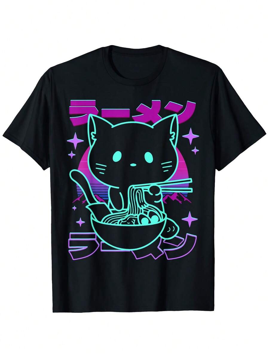 Camiseta Retro de Gato Ramen Anime – Unisex Estética Kawaii de Fideos Negra con Diseño Japonés de Neón, Ropa Casual y de Exterior para Hombres y Mujeres - Negro - Ver 1
