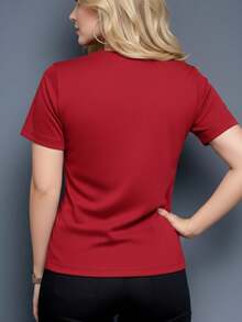 Women's Casual Summer T-Shirt With Pencil Bow Print, Machine Washable, Stretchy Fabric, Ideal For Everyday Wear And Lounging At Home, Versatile Garment, Couple's T-Shirt, Nian Nian Direction, Circles - [紅色的] - 查看 3