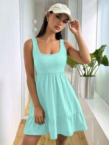 Vestido sin mangas de mujer con dobladillo de volantes, parches de color liso y textura acanalada - verde menta - Ver 6