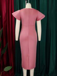 Nuevo Vestido Ajustado Color Sólido con Volantes Estilo Europeo Americano Elegante - Rosa vieja - Ver 2