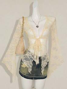 ICON Cárdigan transparente con mangas acampanadas y bajo asimétrico con estampado vintage para mujeres - Albaricoque - Ver 1