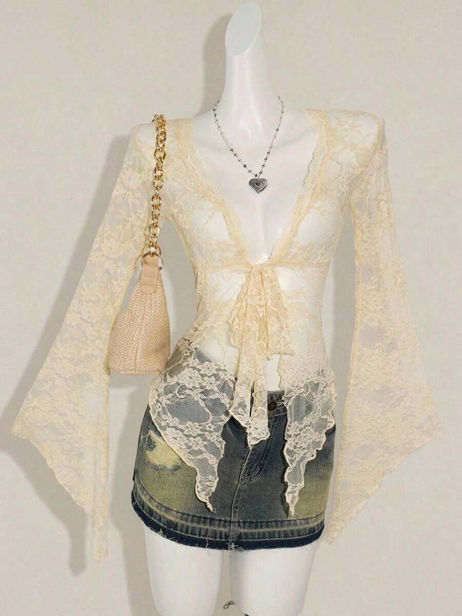 ICON Cárdigan transparente con mangas acampanadas y bajo asimétrico con estampado vintage para mujeres - Albaricoque - Ver 1