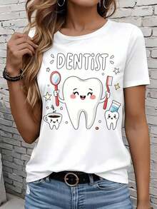 Women's Short-Sleeved T-Shirts In Black And White Are Suitable For Everyday Wear, Lounging At Home, And Outdoor Activities. A Cute Dentist T-Shirt Featuring A Cartoon Tooth Holding A Mirror And Toothbrush-Perfect For Dentistry Enthusiasts And A Fun Gift Idea. - 白色 - 查看 7
