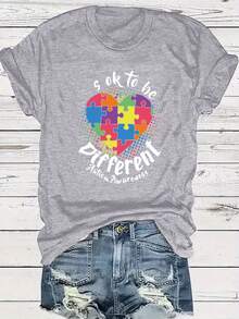 Camiseta Casual de Cuello Redondo para Mujer, Talla Grande, con Gráfico de Corazón "Está Bien Ser Diferente" para la Concientización sobre el Autismo, Tela Ligeramente Elástica, para Uso en Todas las Temporadas, Camiseta Oversize, Camisetas de Tallas Grandes - Gris Claro - Ver 6