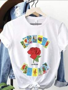 Camiseta de algodón con estampado de lotería mexicana, estilo casual y a la moda para mujer, camiseta de manga corta 100% algodón, suave, holgada y transpirable, adecuada para mujeres jóvenes, ideal para uso diario casual, moda urbana, estudios en el campus, vacaciones, compras, ocio al aire libre y uso diario. - Blanco - Ver 1