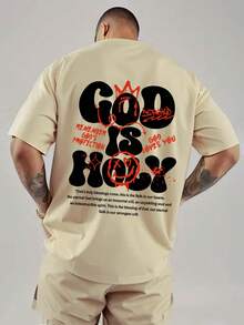 男士簡約 God Is Holy 印花圓領短袖夏季運動T恤，健身房穿搭 - 卡其色 - 查看 1