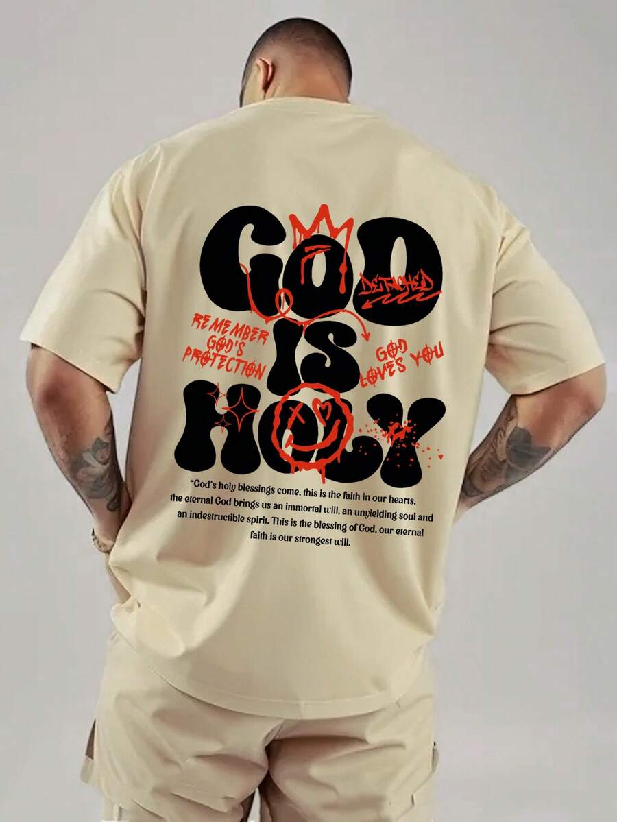 男士簡約 God Is Holy 印花圓領短袖夏季運動T恤,健身房穿搭 - 卡其色 - 查看 1