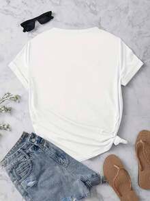 1 camiseta de manga corta con cuello redondo, corte holgado, dobladillo con volantes y estampado de leopardo blanco. 180g 100% algodón. - Blanco - Ver 3