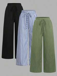 Set de 3 pantalones rectos sueltos de cintura alta con cordón y bolsillos, de unicolor y versátiles, adecuados para primavera/verano - Multicolor 8 - Ver 1
