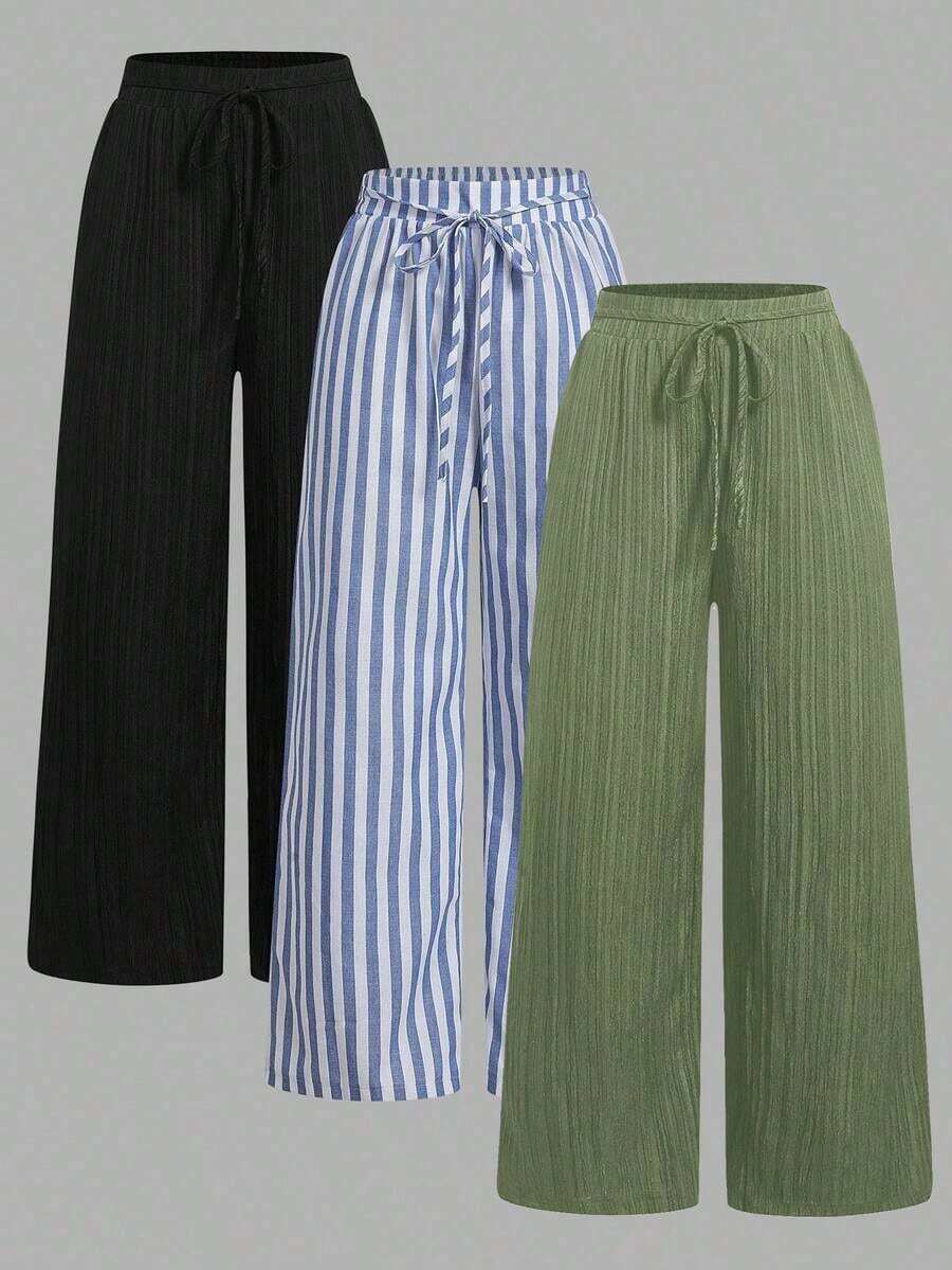 Set de 3 pantalones rectos sueltos de cintura alta con cordón y bolsillos, de unicolor y versátiles, adecuados para primavera/verano - Multicolor 8 - Ver 1