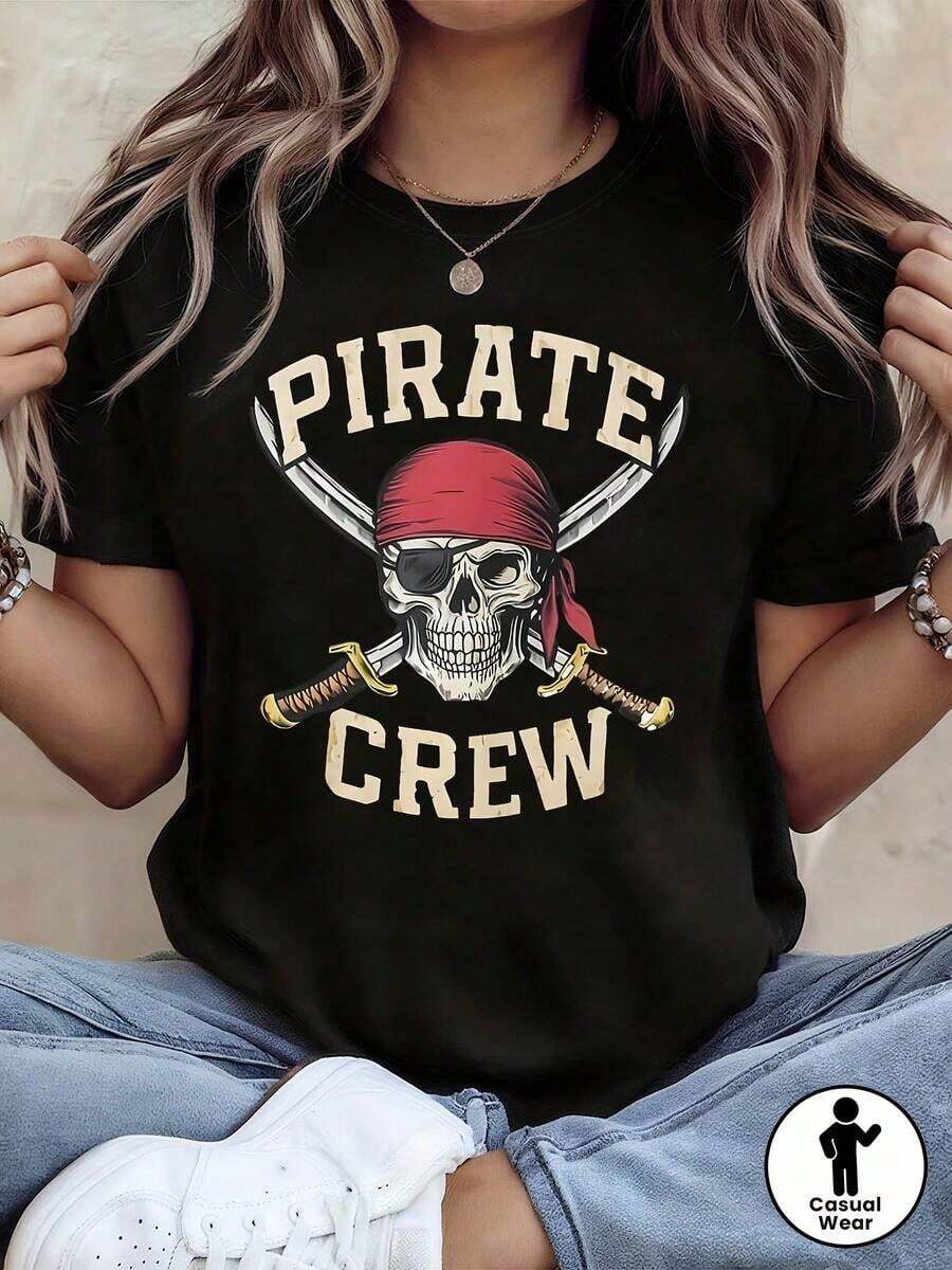 1 pieza Camiseta con estampado de calavera de pirata para mujer, primavera-verano, manga corta, cuello redondo, casual, para uso diario, regalo de vacaciones, 180g 100% algodón - Negro - Ver 1