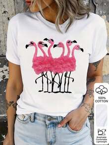 Camiseta de manga corta de algodón para mujer, talla estándar, con estampado de flamencos y cuello redondo, para verano. - Blanco - Ver 6