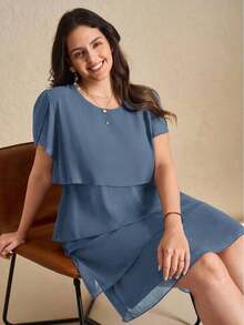 Reflora Vestido de moda con cuello redondo, mangas con volantes y estampado floral para mujer de talla grande - Niebla azul - Ver 7