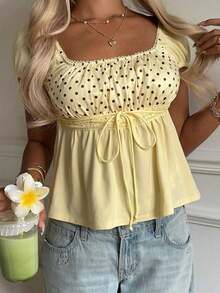 Conjunto de verano con blusa de cuello cuadrado, mangas abullonadas y lazo delantero - Amarillo - Ver 5