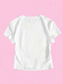 Camiseta corta de verano de mujer con estampado de flor de hibisco, estilo Y2K con abdomen descubierto, de manga corta, blanca, tipo baby camiseta - Blanco 2 - Ver 2