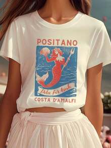 1 pieza Camiseta de Sirena Positano Dolce Far Niente D'Amalfi, Camiseta de Viaje de Italia para Abuela Costera, Camiseta de Sirena Mermaidcore, Camiseta de Abuela Costera, 180g 100% Algodón, los diseños están completamente impresos. Unisexo. - Blanco - Ver 6