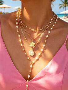 4pcs Beach Vacation Y-Shaped Layered Pendant Necklaces, Fashion Minimalist Elegant Vintage Geometric Shell Faux Pearl Flower Pendant Necklace Set, Y-Necklace For Holiday Party Date Daily Wear - Golden Yellow - View 2