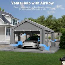 Beaully Heavy Duty Carport Canopy With Front Doors & Roll-Up Side Openings, 200gsm PE Tarp Car Shelter Tent, Ventilation Windows Vehicle Canopy, Weather-Resistant Portable Car Canopy,Gray - Gray - View 4