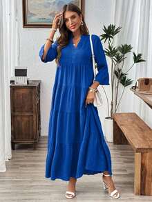 Vestido de vacaciones con mangas acampanadas y volantes en el bajo, unicolor para mujer, atuendos de vacaciones para mujer - azul real - Ver 3
