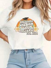 Camisetas impresas de verano y primavera de manga corta cuello redondo tops casuales tops de mujeres tejido de aodón de longitud regular lavable en máquina de tempor todas las camisetas a juego tiendas de la comunidad local en stock de liberación rápida de aodón suave comodidad disfrutar de descuentos especiales adecuados parascua, Halloween, Acción de Gracias, etc. - Blanco - Ver 2