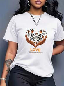 Plus Size Women's Vintage Printed T-Shirt - White With The Inscription LOVE In Orange And A Heart-Shaped Hand Design, Butterfly Print, Soft And Lightweight, Urban Casual Style, Round Neck, Short Sleeve, Perfect For Spring And Summer, Weekend Style, A Must-Have For Fashion Lovers, Cute. - 白色 - 查看 6