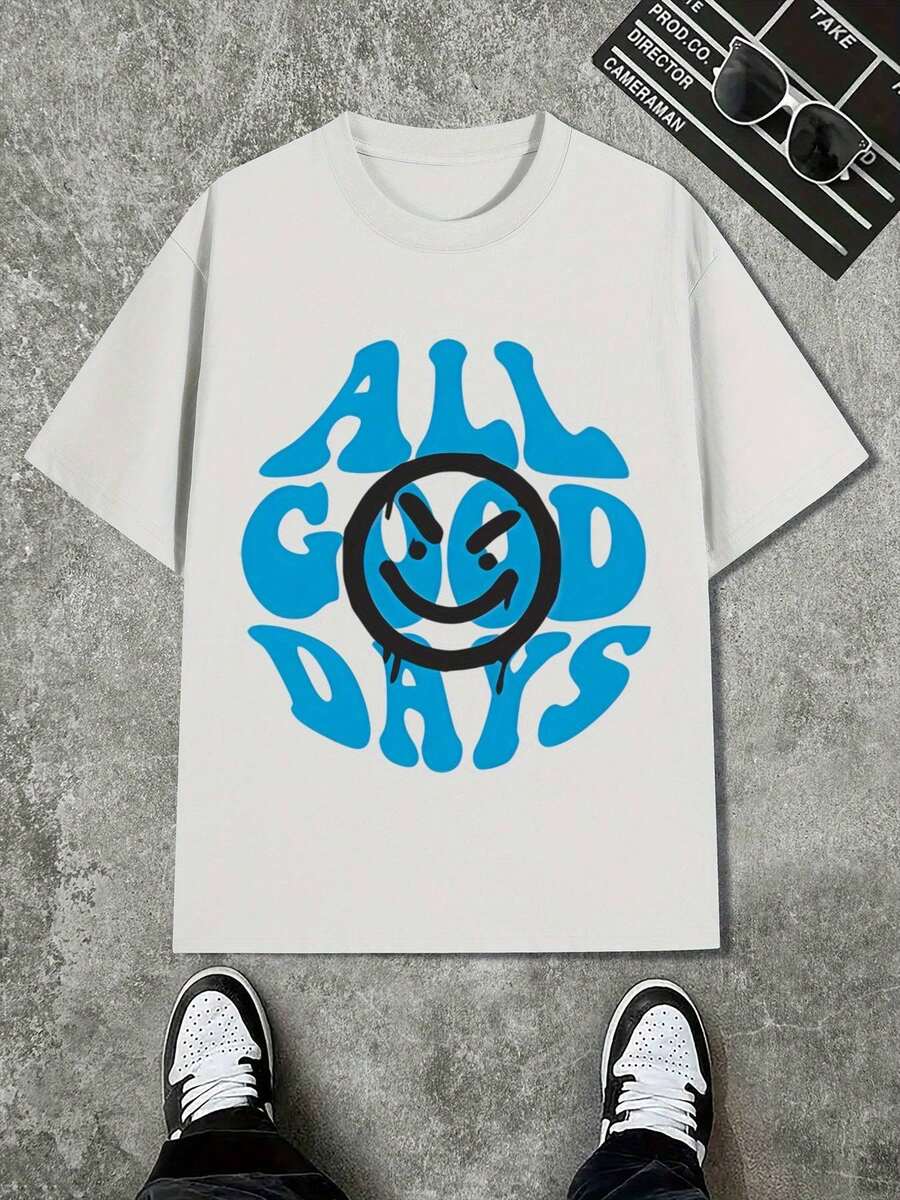 Camiseta de manga corta con cuello redondo estilo Y2K para hombre, de la marca Y, ropa moderna para todas las estaciones, cómoda de llevar, con estampado de sonrisa para días felices, corte holgado, transpirable para verano, atuendo casual urbano, top deportivo unisex estampado, moderno para primavera y verano, camiseta Y2K. - Negro - Ver 1