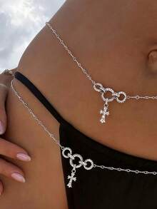 1pc Sexy Fashion Circular Cross Pendant Waist Chain, Sparkling Rhinestone Jewelry For Women, Beach Jewelry - Multicolor - View 1