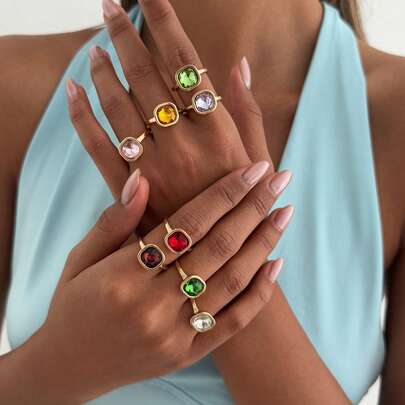 8pcs/Set Elegant Geometric Inlaid Colorful Faux Gemstone Metal Open Ring Set, Luxurious Jewelry, Suitable For Wedding, Party, Vacation, Casual, Street Style, Women & Couples, Holiday, Birthday, Versatile Gift