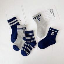 5 Pairs Kids Retro Striped Letter Mid-Calf Socks, Soft Collegiate Style Casual Sports Crew Socks - Black - View 6