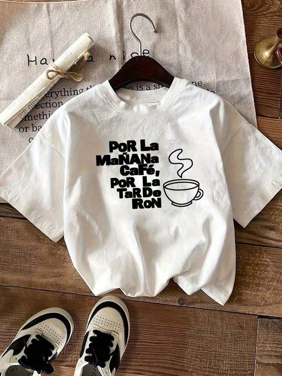 Camiseta de manga corta a la moda con estampado de café caliente, camiseta casual de cuello redondo para mujer. - Blanco - Ver 1