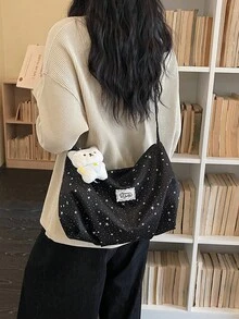 新款个性化星形印花单肩包,大容量时尚休闲日常通勤手提包,女士款 - 黑色 - 查看 3