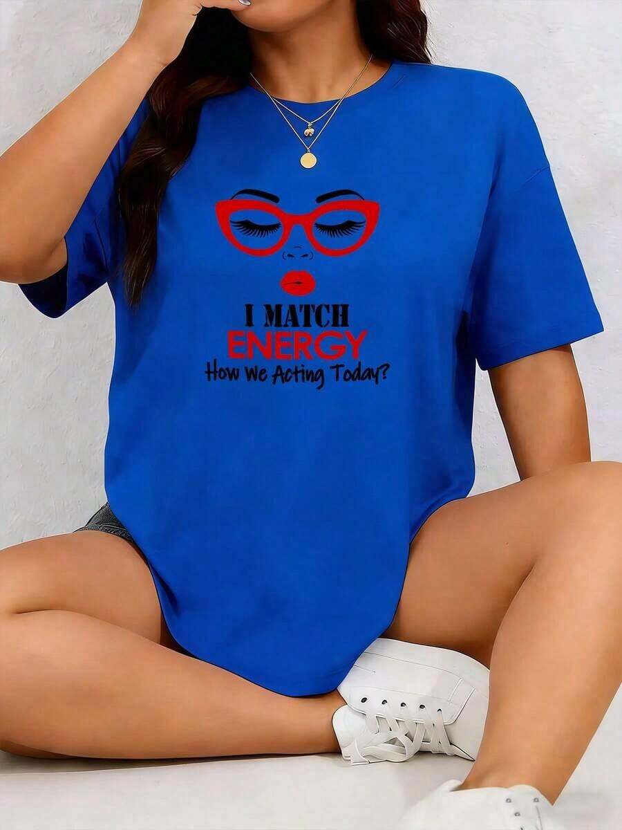 New Fashion T-Shirt 100% Cotton I MATCH ENERGY How Will We Act Today? Thick 180g Cotton T-Shirt With Print - Unisex Vintage Urban Style Loose Fit With Round Neck And Short Sleeves - 藍色 - 查看 1