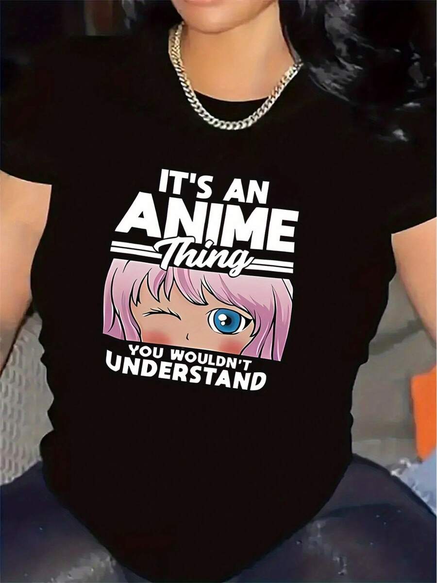 Camiseta 100% Algodón con Estampado de Anime | Tela cómoda y duradera, adecuada para uso casual en el hogar, ligera y transpirable, un regalo perfecto para los fans de anime que disfrutan relajarse en casa, cuello redondo, tela de elasticidad media, ropa casual para el día a día. - Negro - Ver 1